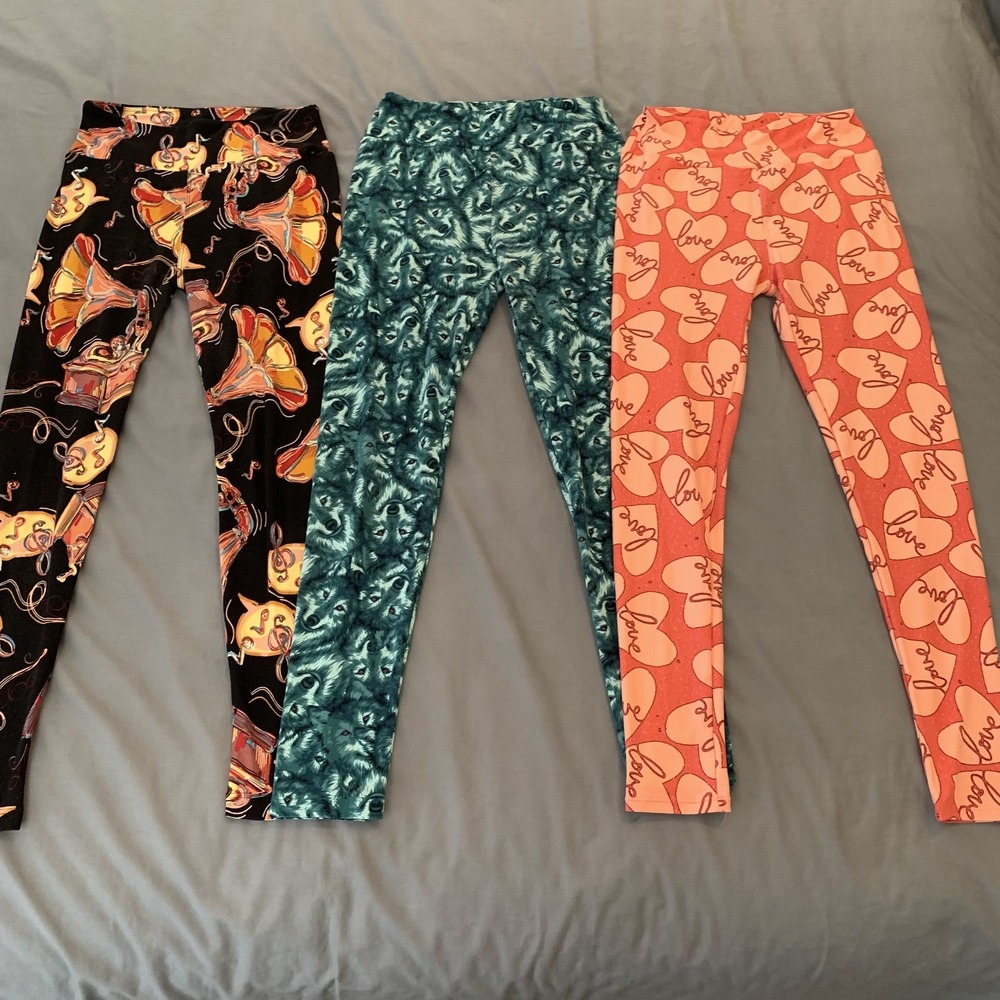 LuLaRoe‎ Leggings Womens One Size Music Wolf Love Heart Print Set Lot Soft Pants